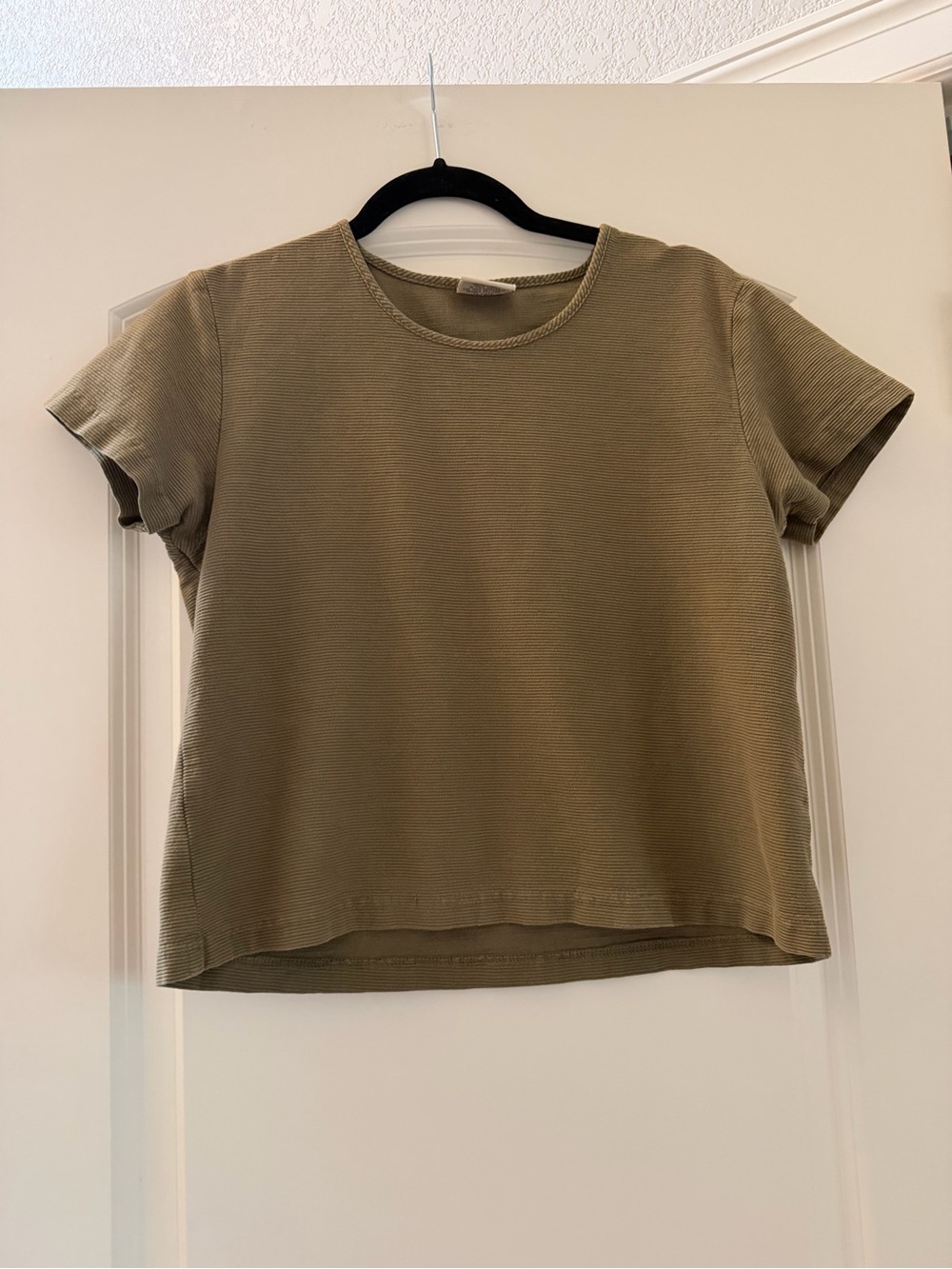 VTG Varsity Sport Made In USA 100% Cotton ribbed scoop neck olive green short t